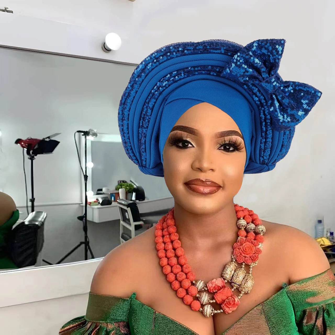 Sweet Bowknot Auto Gele Headtie for Women African Head Wraps Lady Party Headpiece Female Sequins Turban Cap