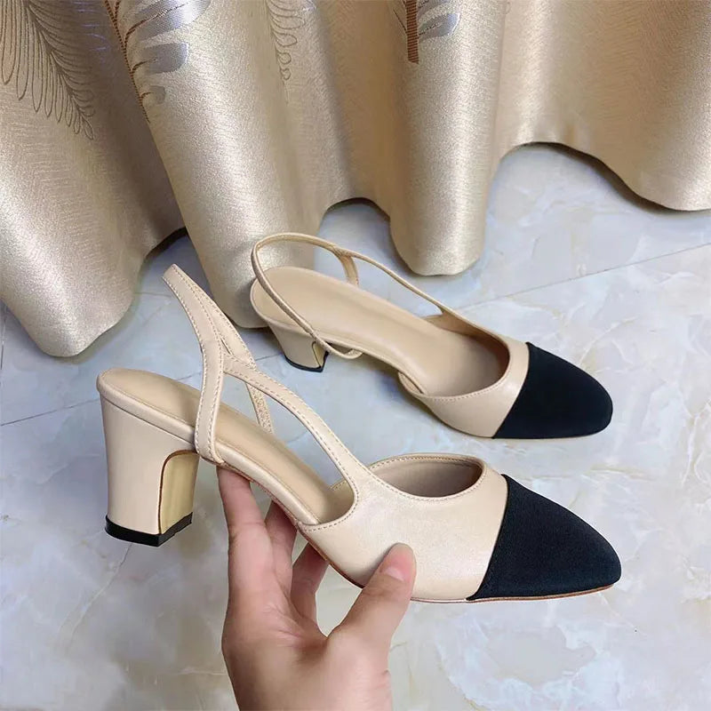 2023Spring Autumn Fashion High Heels Sandals Women's Dress Square Toe Slingback Shoes Women's Color Block Back With Flat Sandals