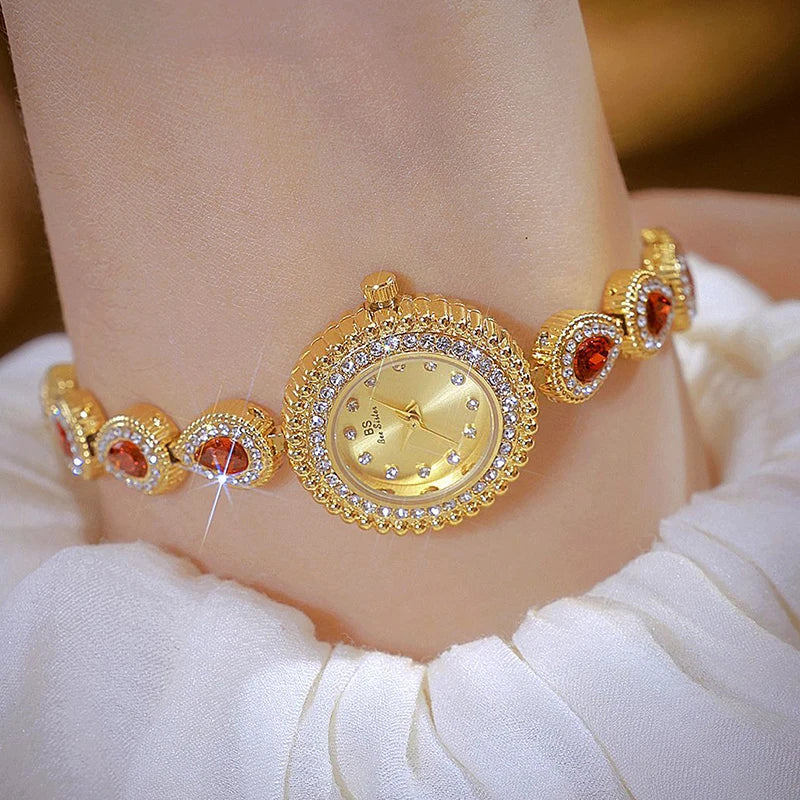 Gold Women Bracelet Dress Watches For Ladies Wrist Quartz Watches 2025 Top Brand Luxury Golden Rhinestone Gift Girlfriend Clock