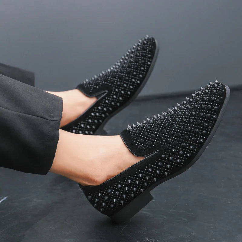 Men's Fashion Suede Leather Rivet Loafers Mens Casual Printed Moccasins Oxfords Wedding Shoes Man Party Driving Flats EU size 47