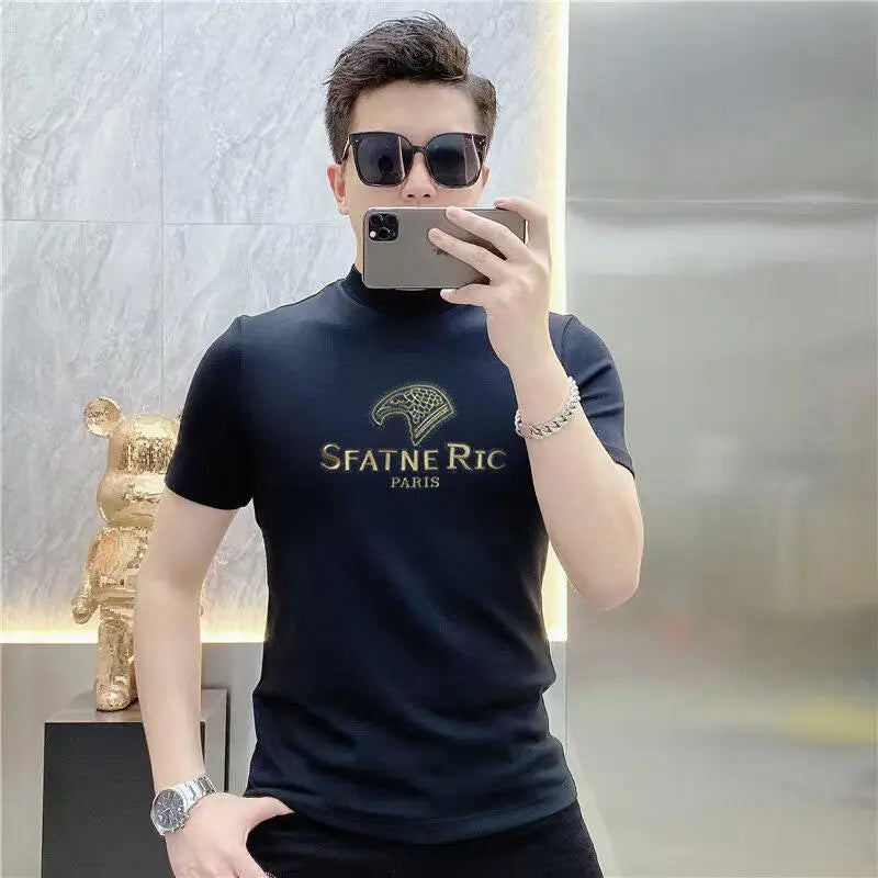 Luxury Rhinestone Summer Men's T-shirt Slim Fit Short Sleeve Casual T-shirt Male Round Neck Business Social Tee Top Men Clothing