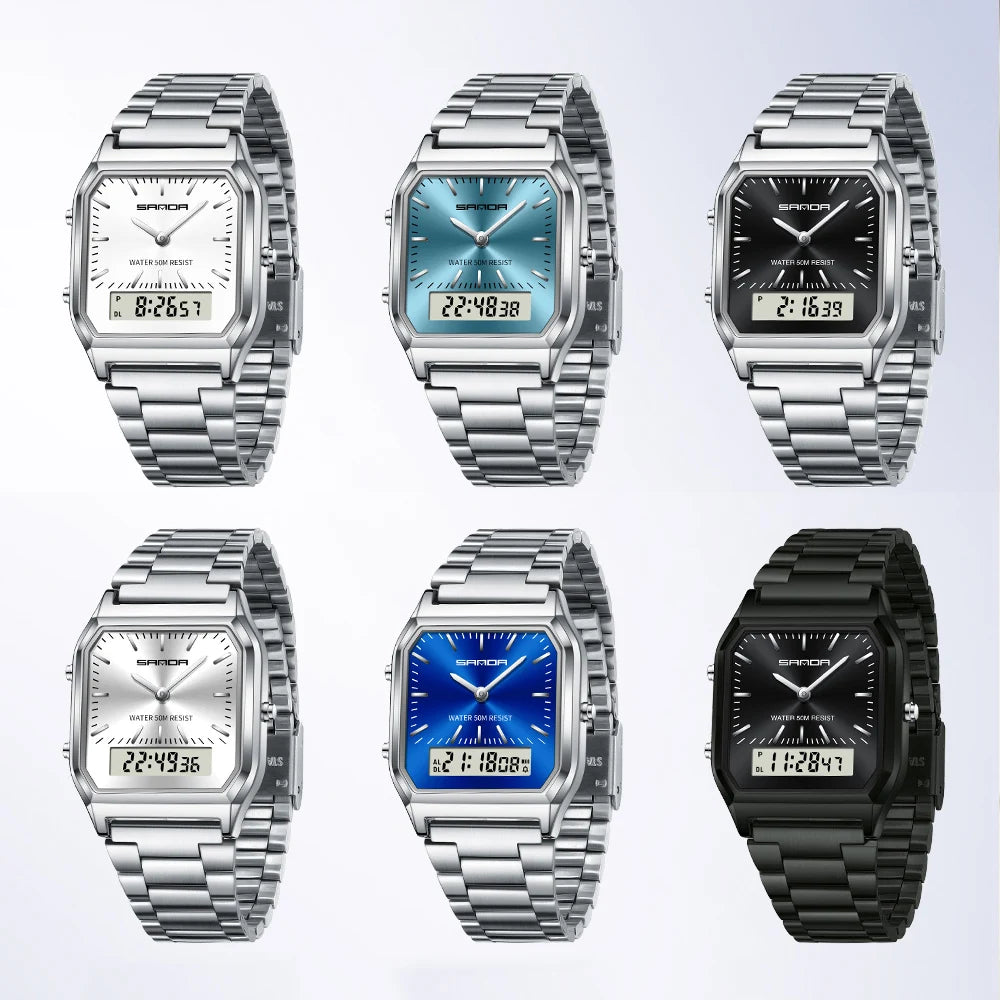 SANDA Men's and Women Watch Fashion Watches Business Style Alarm Clock Man Digital Wristwatch Square Dial Stainless Steel Strap