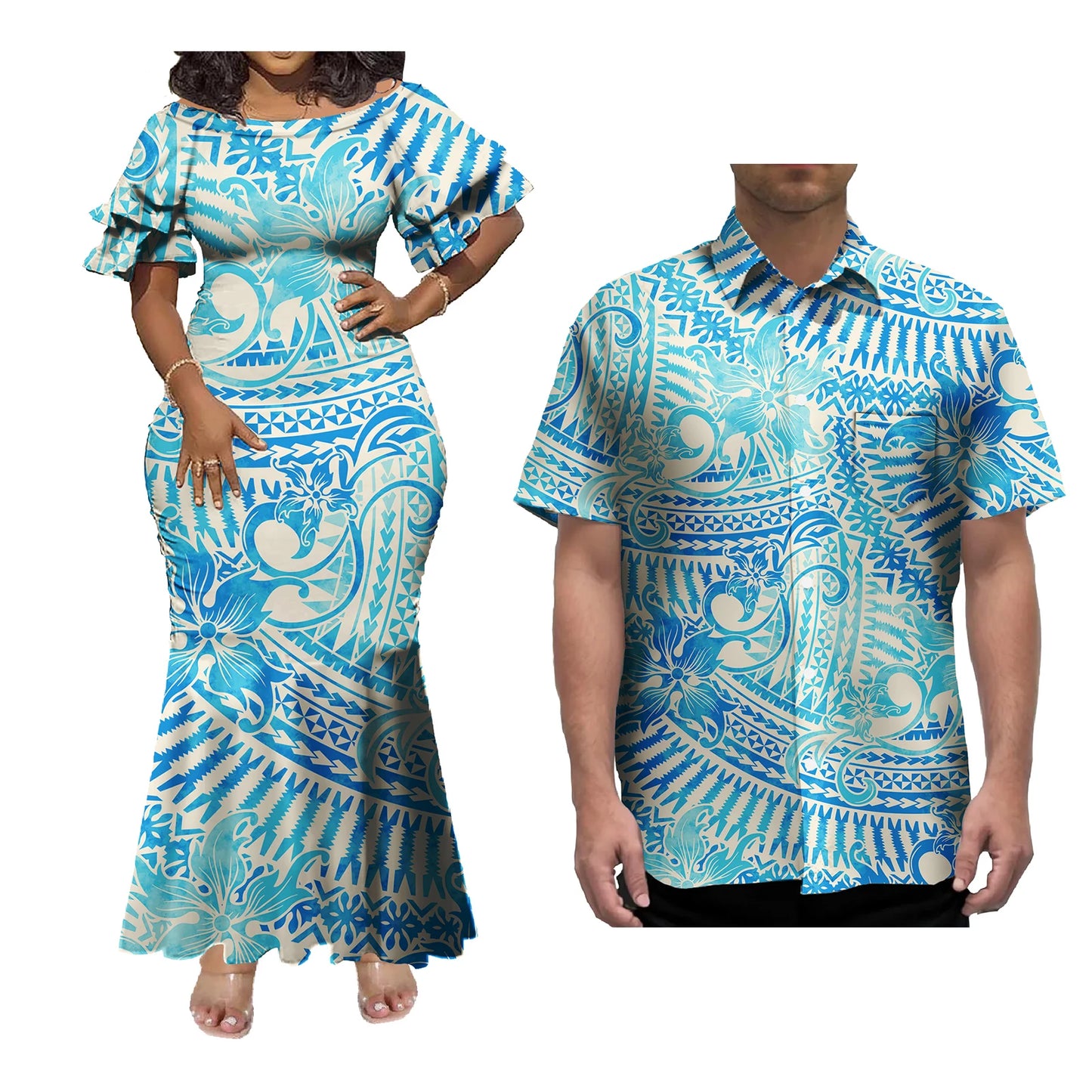 Mermaid Dress And Buttons Shirt Polynesian Couple 2 Pcs Set Plus Size Party Samoan Puletasi Matching Couple Outfits