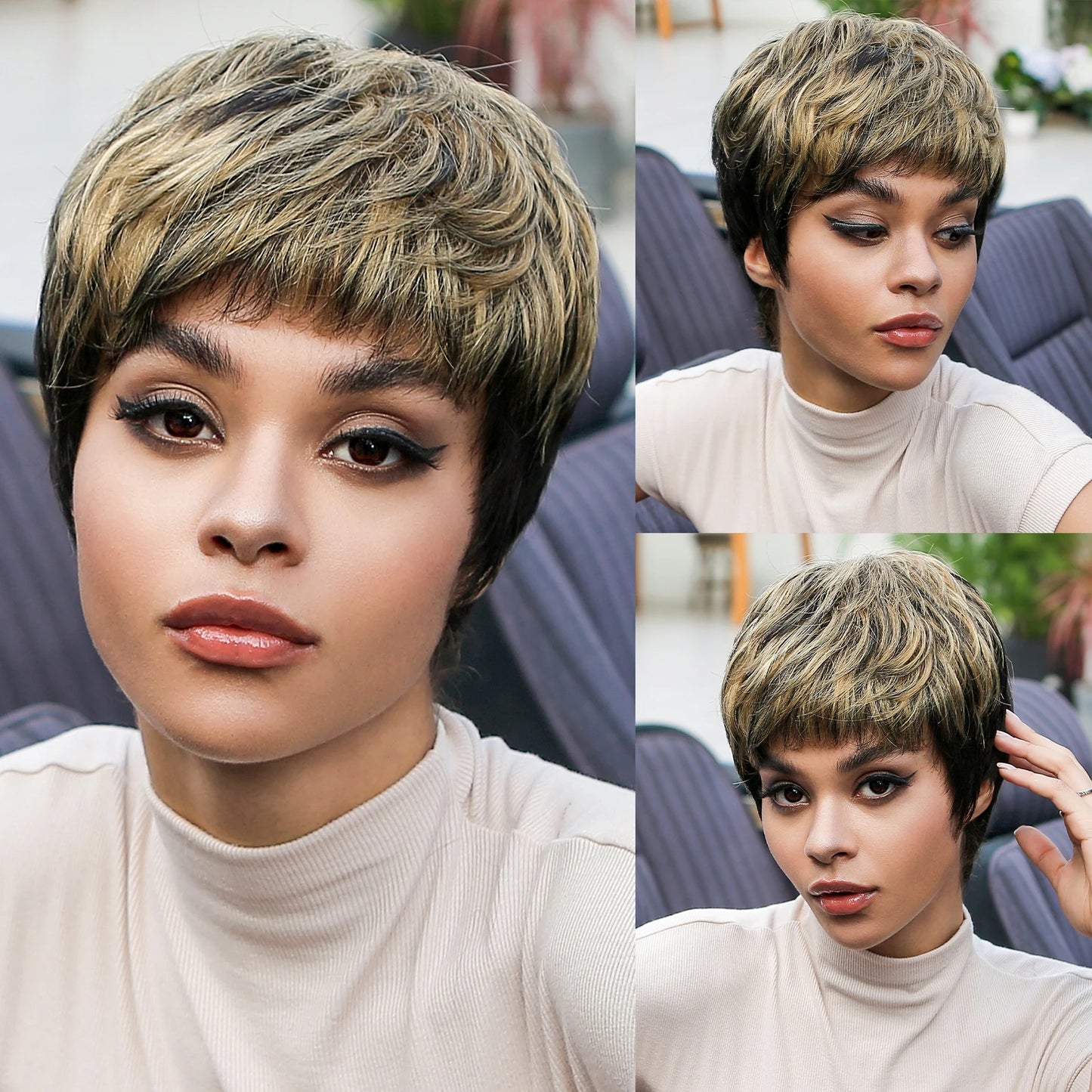Blonde Human Hair Wigs Dark Root Short Pixie Cut Bob Wigs Machine Made Remy Human Hair Wig for White Women Daily Heat Resistant