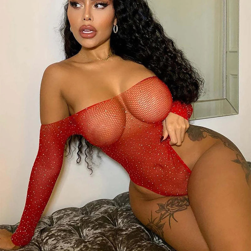 Sexy Rave Festival Clothing Bling Rhinestones Sexiest Bodysuit Temptation Mesh Long Sleeve Backless Transparent Shiny Body Suits