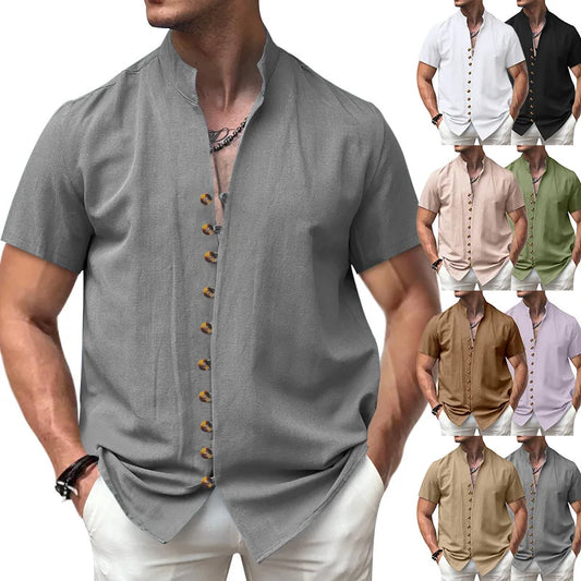 Mens Vintage Cotton Linen Blouse Stand Collar Short Sleeve Button Business Workwear Summer Casual Shirts