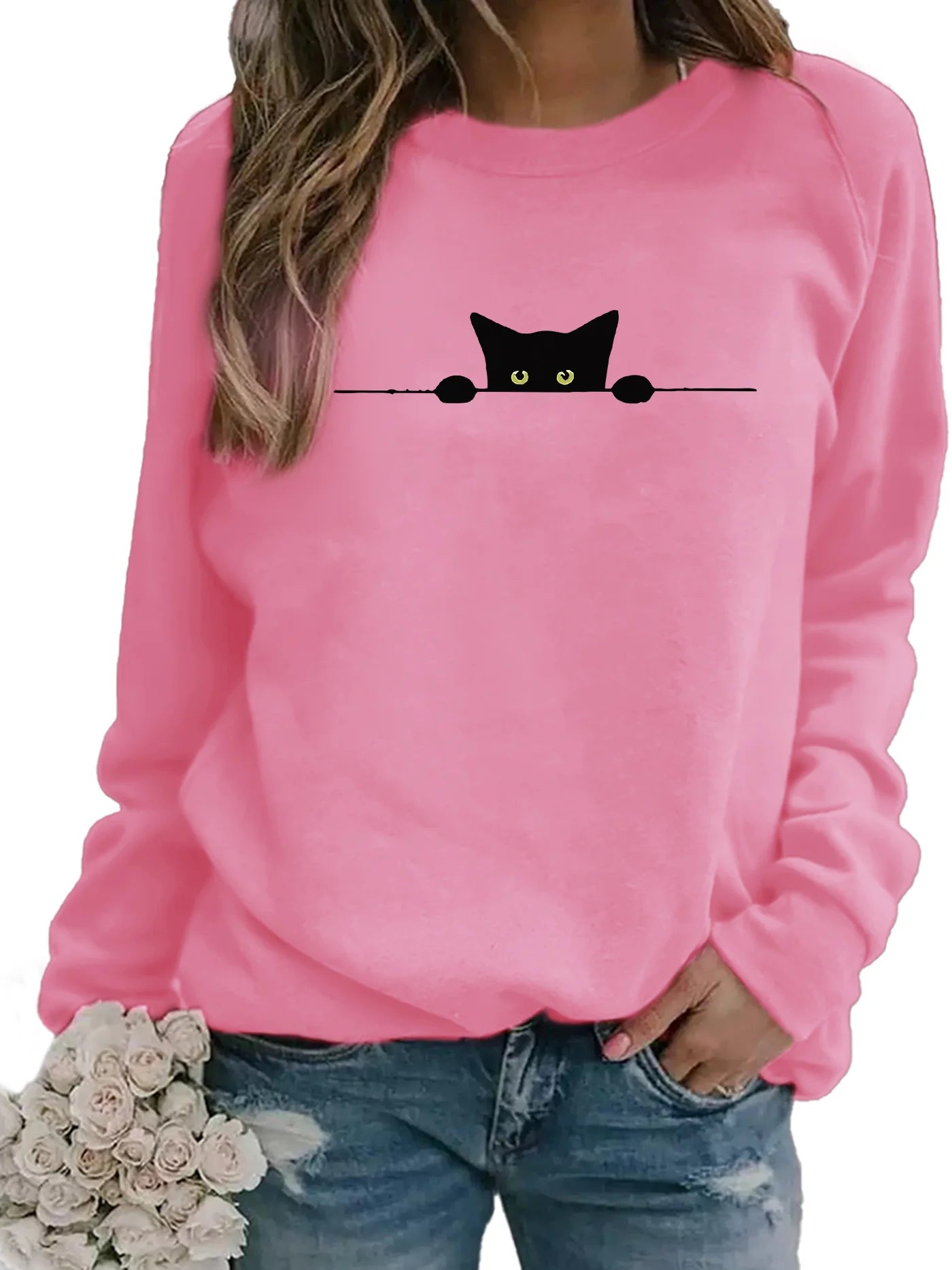 Women's Casual Blackcat Print Pullover Sweatshirt Geometric Design Long Sleeve Round Neck Machine Washable Regular Fit for Autum