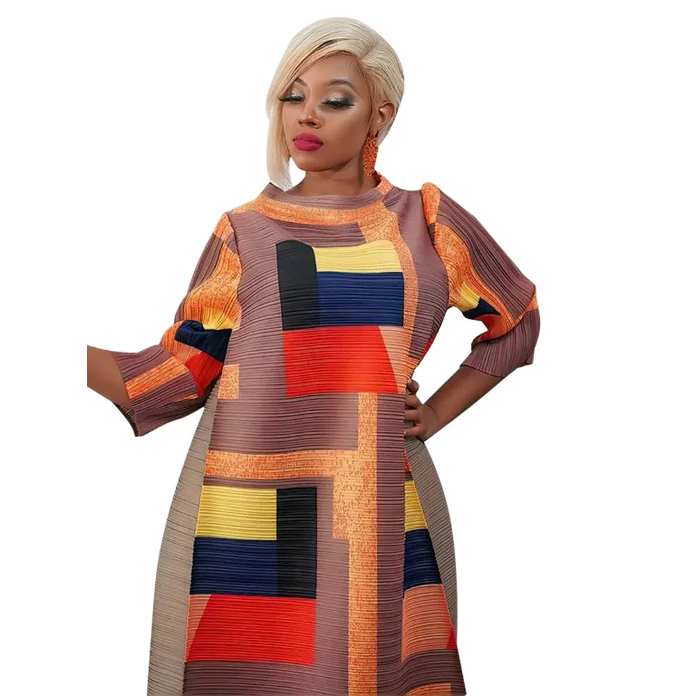 African Dresses for Women Summer Fashion Style African 3/4 Sleeve Polyester O-neck Pleated Dress Dashiki African Clothes Women