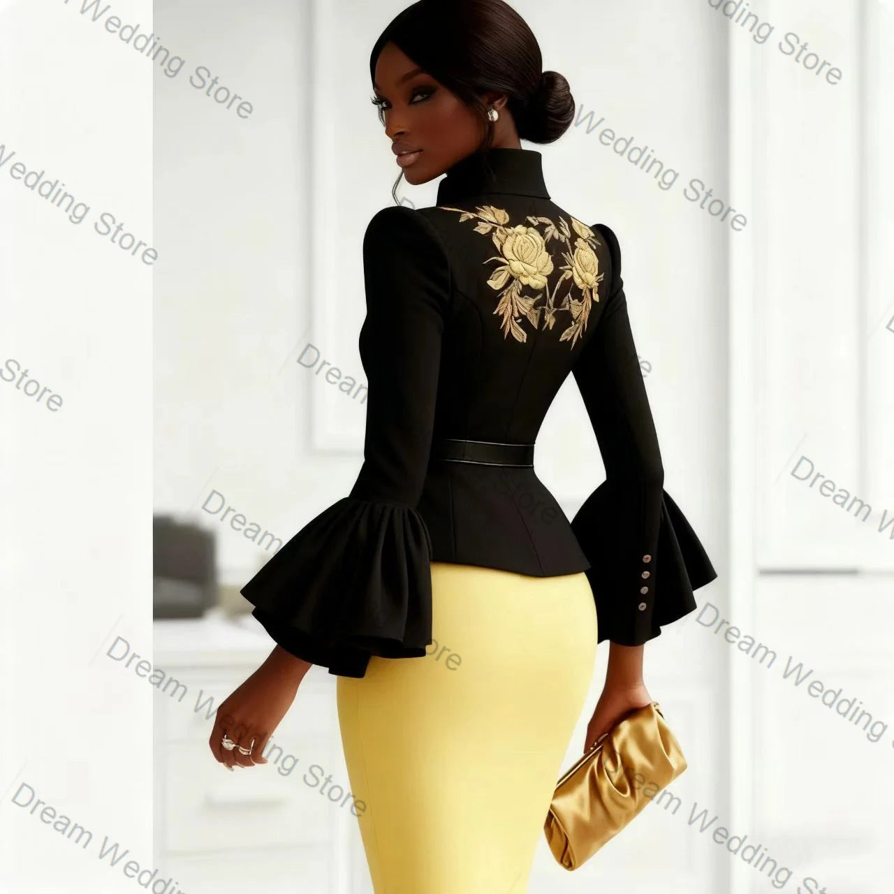 Black Yellow Women Suit Skirt Set 2 Pcs Blazer+Prom Dress Spring Appliqued Formal Office Lady Jacket Customized Wedding Coat