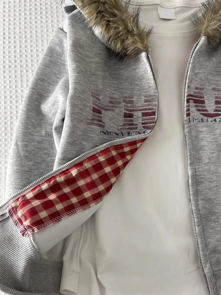 Women American Vintage Letter Print Jacket Antumn Winter Y2K Harajuku Faux Fur Hooede Hoodie Sweet Fashion Hot Girl Sweatshirt BAZAARHUBO