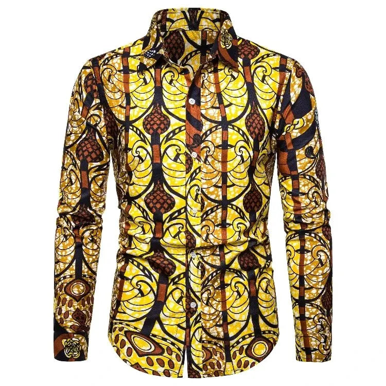 African Traditional Print Men's Shirts Casual Single-Breasted Blouses Long Sleeve Shirt Streetwear Trend Lapel Tops Men Clothing