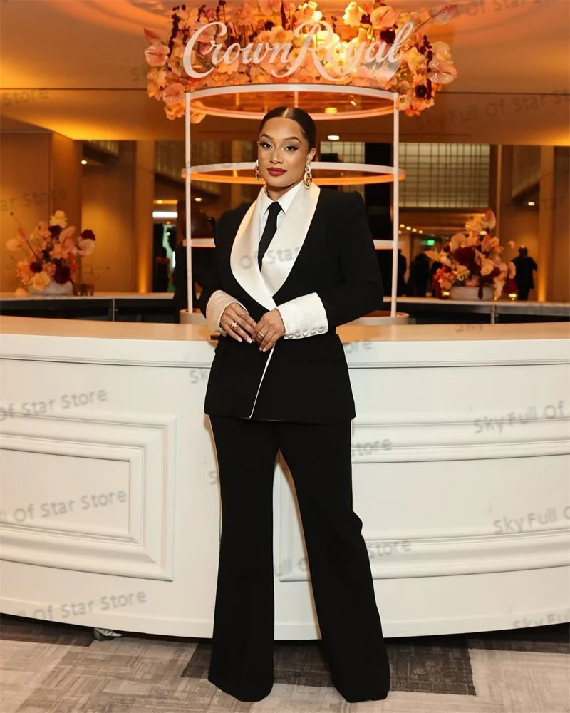 Elegant Black Women Suit Set 2 Pcs Blazer+Pants Trousers White Stripe Formal Office Lady Jacket Wedding Prom Coat Customized