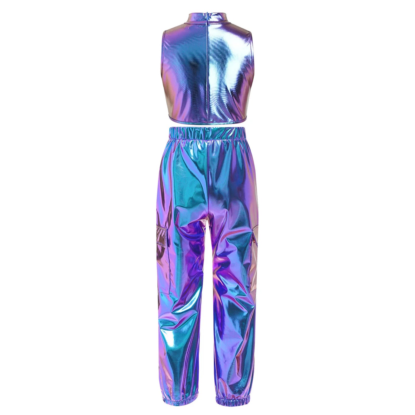 Kids Girls Disco Jazz Hip Hop Dance Outfit Sleeveless Shiny Sequin Ruffle Crop Top with Metallic Pants School Show Party Costume