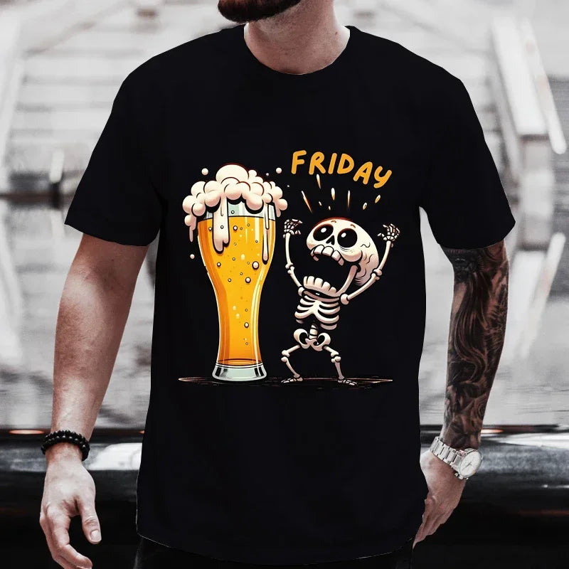 Summer Special Offer Beer T-Shirt Fun 3D Skull Pattern Men's T-Shirt Fashion New Loose Casual T-Shirt Crew Neck Short Sleeve Top