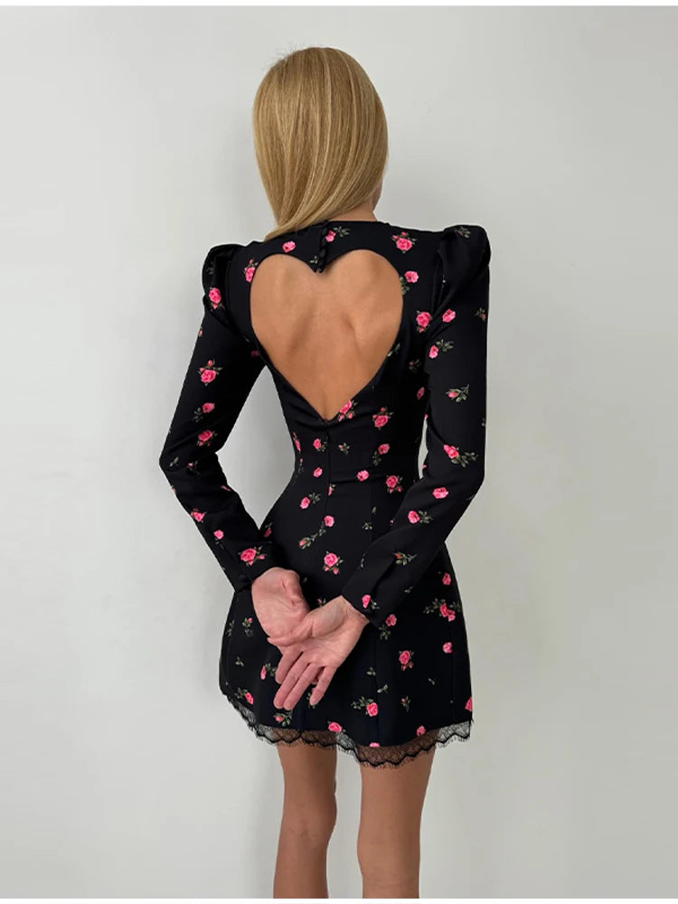 Chic Feminine Dress Floral Print Glamorous Vintage Lace Women Dresses Soft Elegant Stylish Sweet Date Casual Outfits