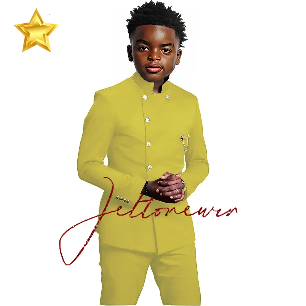 Elegant African Style Boy's Suit Stand Collar Blazer and Pants 2 Piece Casual Business Kids Wear