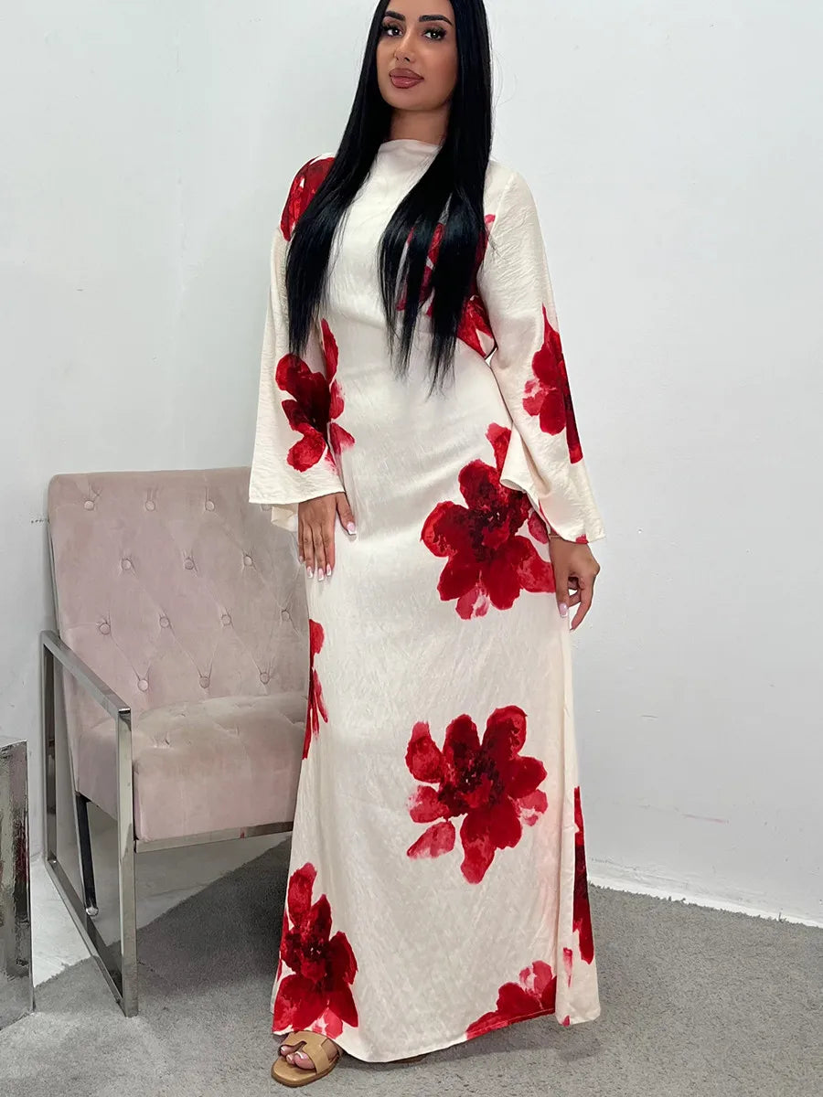 Women Arabic Eid Muslim Dubai Abaya Dress Luxury Fashion Flower Print Long Dress Kaftan Robe Femme African Islam Clothing Kebaya