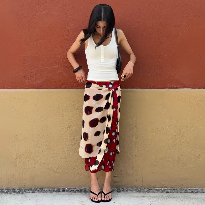 Women Two Tone Dot Print Long Sleeve Split Midi Dress Y2K Deep V Drawstring Slim Mermaid Skirt 2026 Street Club Party Outfit
