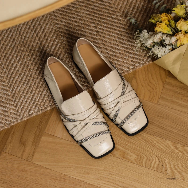 Dilalula 2025 Luxury Genuine Leather Loafers Womens Autum Spring Low Thick Heels Chain Pumps Female Leisure Natural Leather