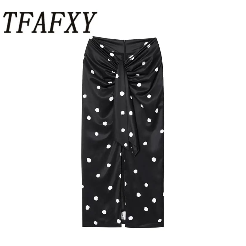 TFAFXY 2025 Polka Dot Skirt Women Wrap Ruched Midi Skirt Woman New Fashion Elegant Long Skirts For Women Party Skirts