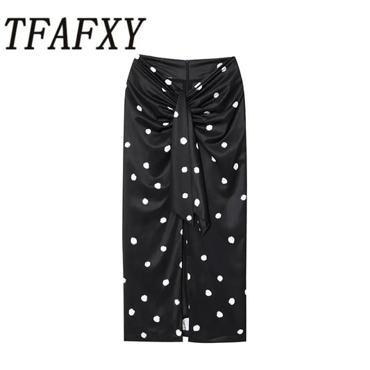 TFAFXY 2025 Polka Dot Skirt Women Wrap Ruched Midi Skirt Woman New Fashion Elegant Long Skirts For Women Party Skirts