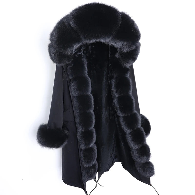 Maomaokong Winter Woman Natural Fur Overcoat Plus Size Black Parkas Raccoon Real Fur Lining Extra Larg Warm Jacket Coats Long