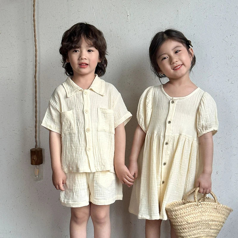 Children's Summer Clothing Set Boys' Short Sleeve Shirt Shorts 2pcs Casual Suit Girls' Solid Color Dress Sister Brother Outfit