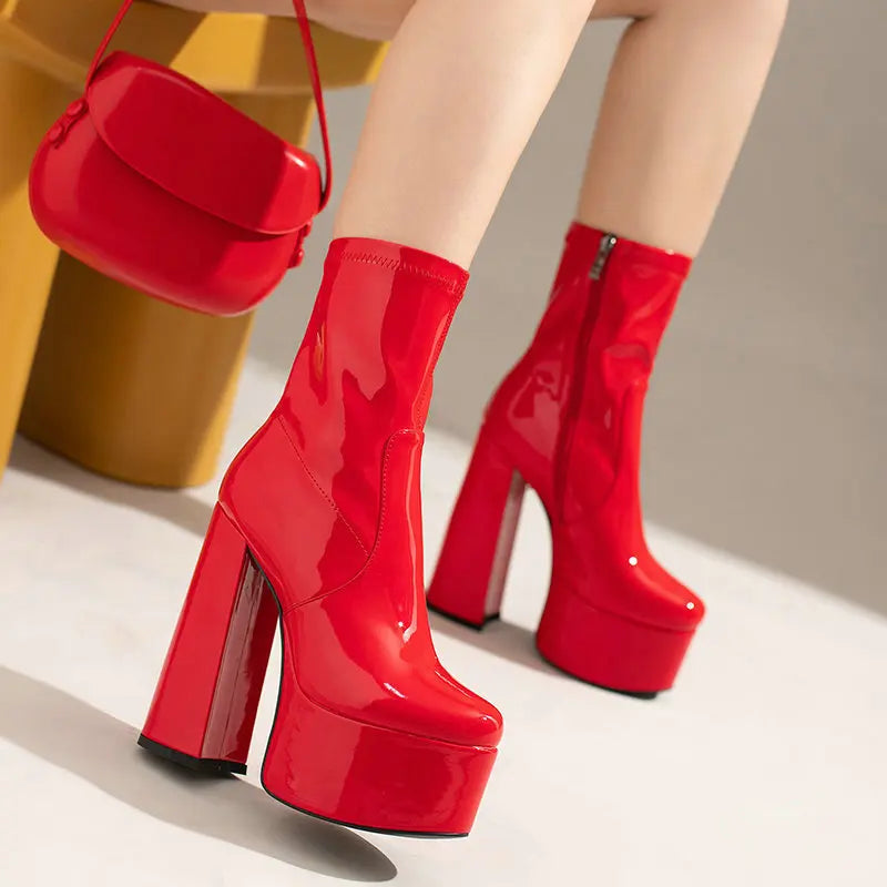New Lacquer Leather Autumn and Winter Short Boots Women's Thick High Heels Sexy Short Tube Large Fashion Short Boots