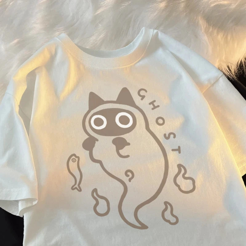 Ghost Cat Loose Short Sleeved T Shirt Women Japanese Fashion Brand