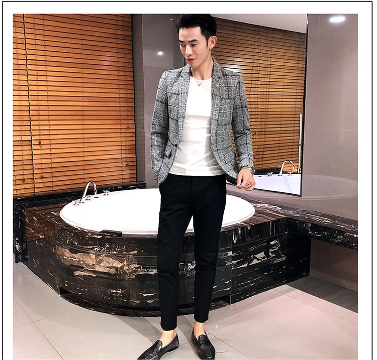 Spring and Autumn New Boutique Japanese Style Print Stand Collar Mens Casual Jacket Slim Male Coat Male Plaid Suit Jacket Blazer