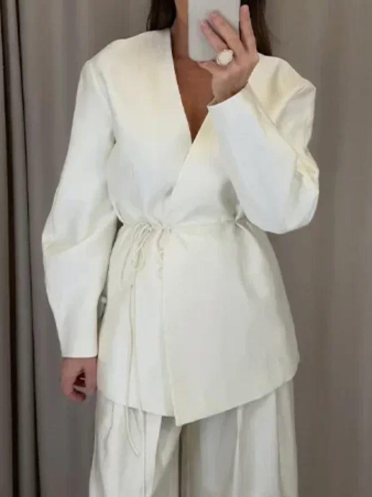 Women Elegant Solid Lace-up Blazer Set Lady Chic V-neck Full Sleeve Loose Coat Wide-leg Pants Suit 2026 Casual Commute Outfit