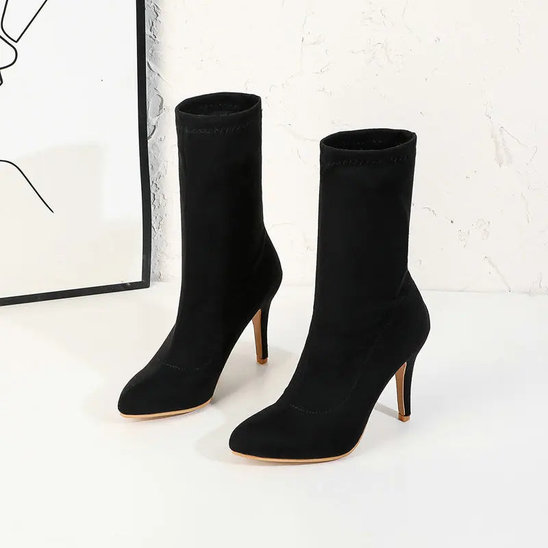 2023 Autumn Winter Sock Short Boots Lady Mid-Calf Thin High Heels Large Size 46 Fashion Women Shoes Elastic Flock Pointed Boots