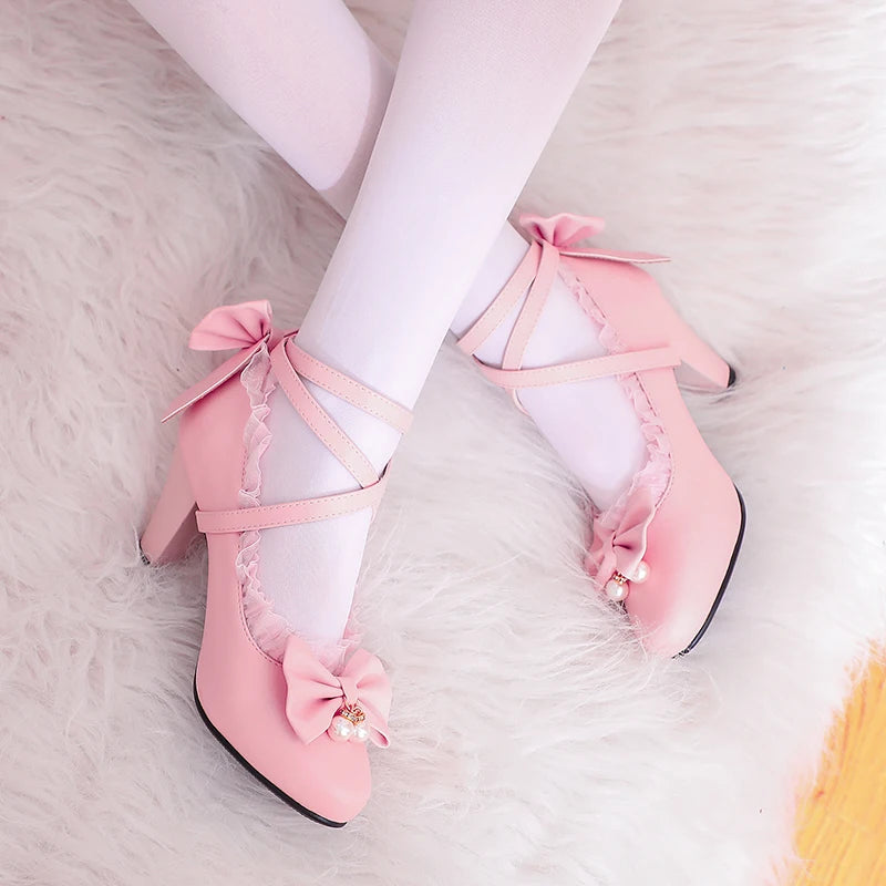Cross Strap Women Spike High Heels Mary Jane Shoes Party Wedding Cosplay White Pink Lace Ruffles Bow Princess Lolita Pumps 34-43
