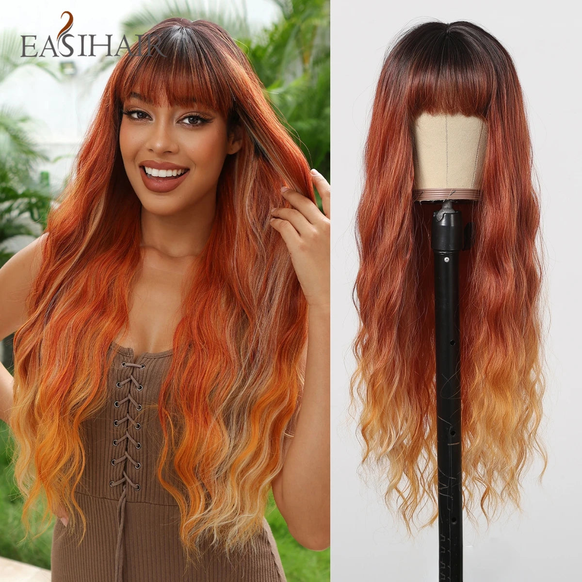 EASIHAIR Dark Brown Long Curly Synthetic Wig with Bangs Brown Women's Wigs for Cosplay Daily Use Heat Resistant Natural Hair