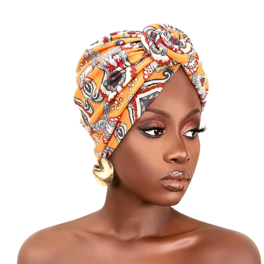 Fashion African Print Hijab Caps Pleated Wrap Twist Knot Turban Hat Elastic Knotted Style Floral Head Wrap All Match Decor