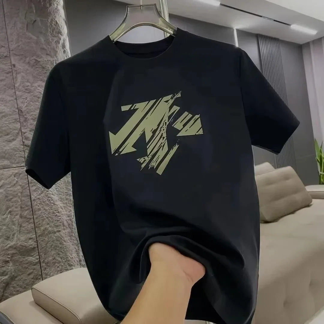 Summer New Trendy Brand Heavyweight 100% Cotton Men's Crew Neck Short Sleeve T-shirt Fashion Casual Print Versatile Top