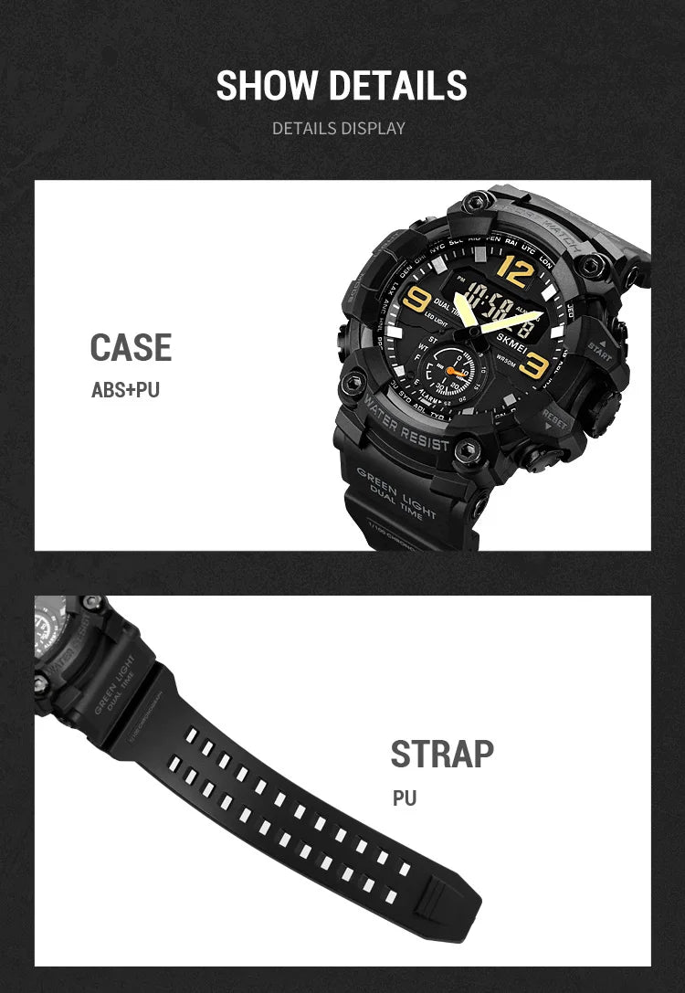 Skmei Men's Military Sport's Wristwatch Fashion Big Size Dial Quartz Analog Three Time Zone Male Led Waterproof Stop Watches