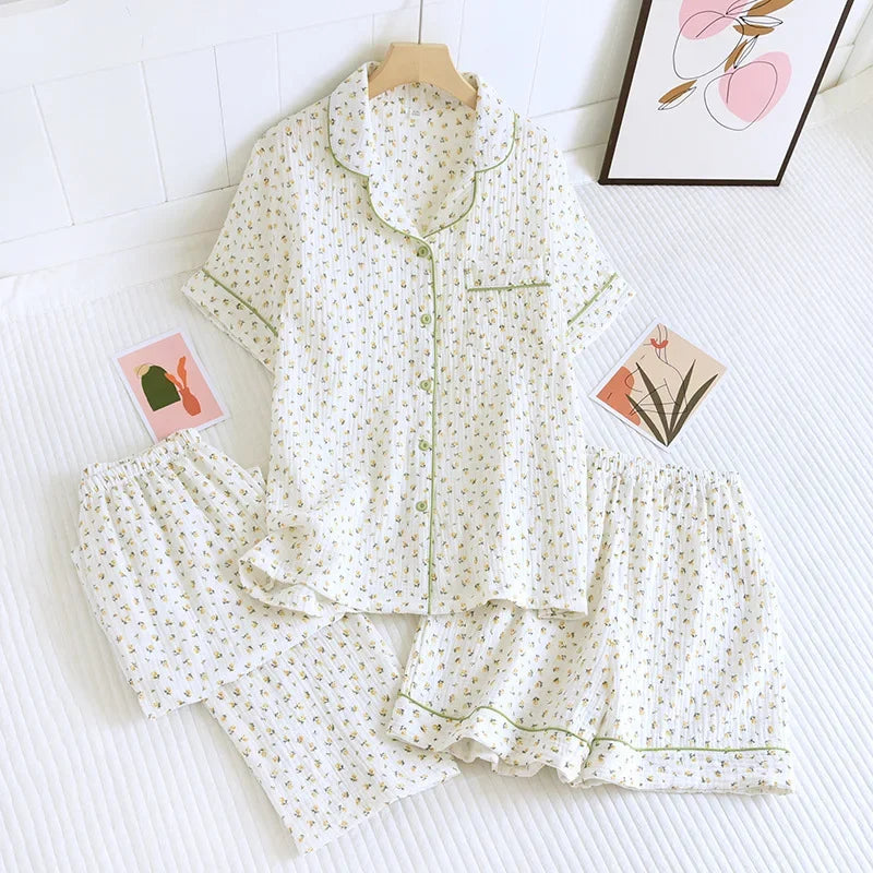 Women's short sleeve trousers home service cotton yarn thin pajama set spring and autumn cotton home service suit