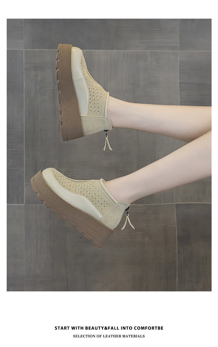 Fujin 6CM Suede Cow Genuine Leather Moccasins Women Platform Wedge Flats Women Shoes Ankle Booties Females ZIP Pumps Shoes