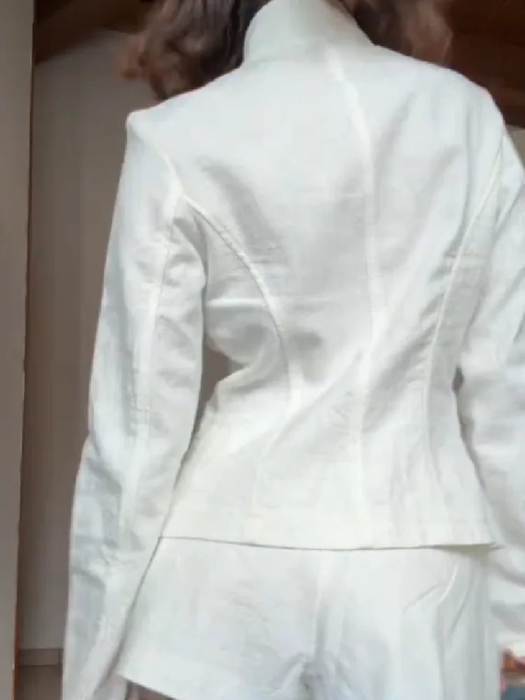 Women's Elegant White Linen Two-piece Outfit Asymmetric Long Sleeved Stand Collar Blazer Jacket Cozy High Waist Shorts Set