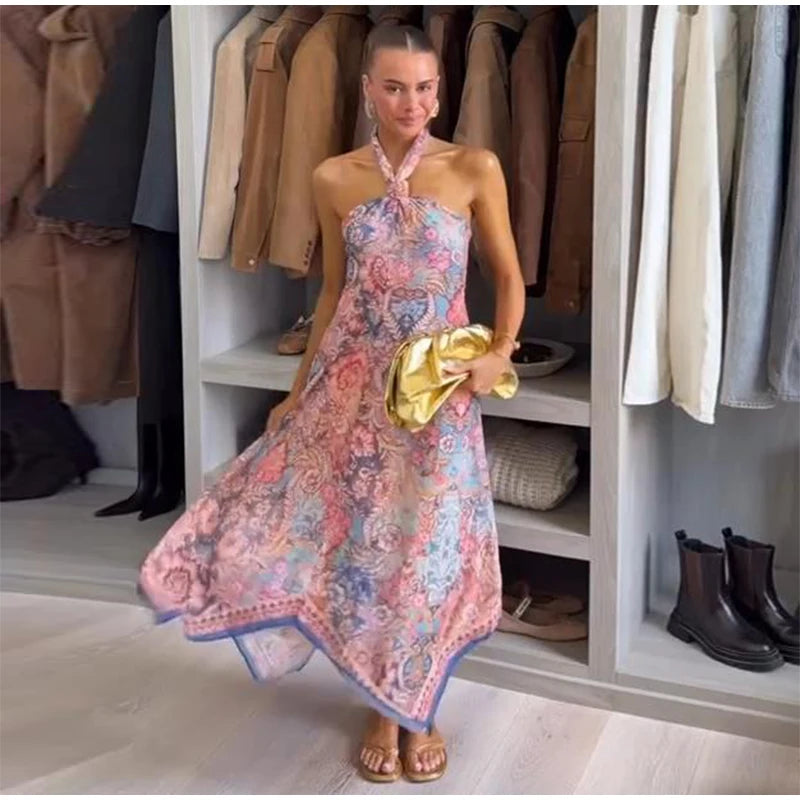 Halter Neck Floral Print Split Set Sleeveless Casual Top Tropical Wrap Slit Maxi Skirt 2026 Summer Bohemian Holiday Women Outfit