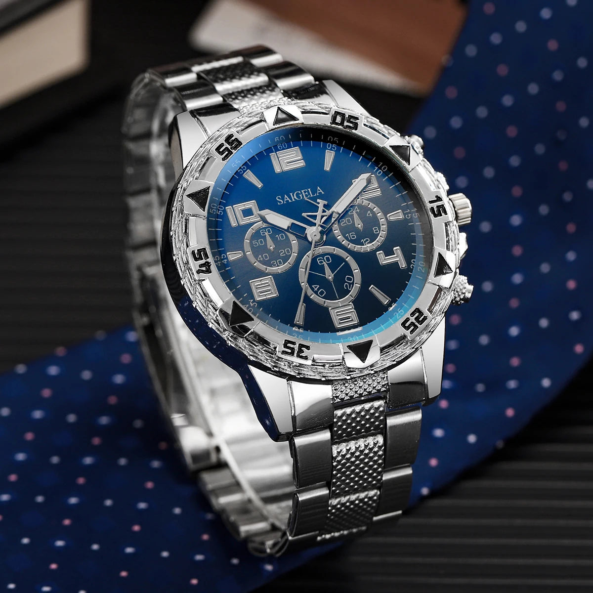 3PCS/Set Fashion Men's Quartz Watch Luxury Large Dial Men Business Watches Necklace Bracelet Set Reloj Hombre（Without Box）