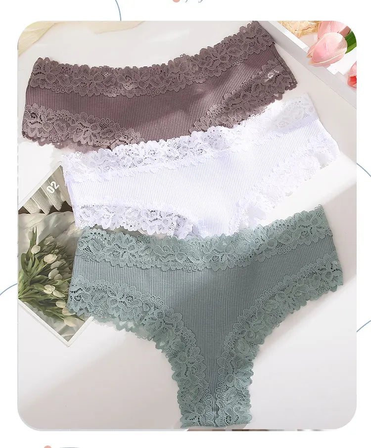 3Pcs/Set Sexy Lace Briefs Cotton Panties Women's Fashion 7 Solid Color Comfortable Briefs Low Waist Underpants Stretch Underwear