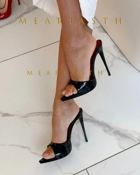 Red Patent Leather Stiletto Slippers Open Toe Solid Sexy High Heels Summer 2025 New Nightclub Outside Plus Size 45 Luxury Shoes
