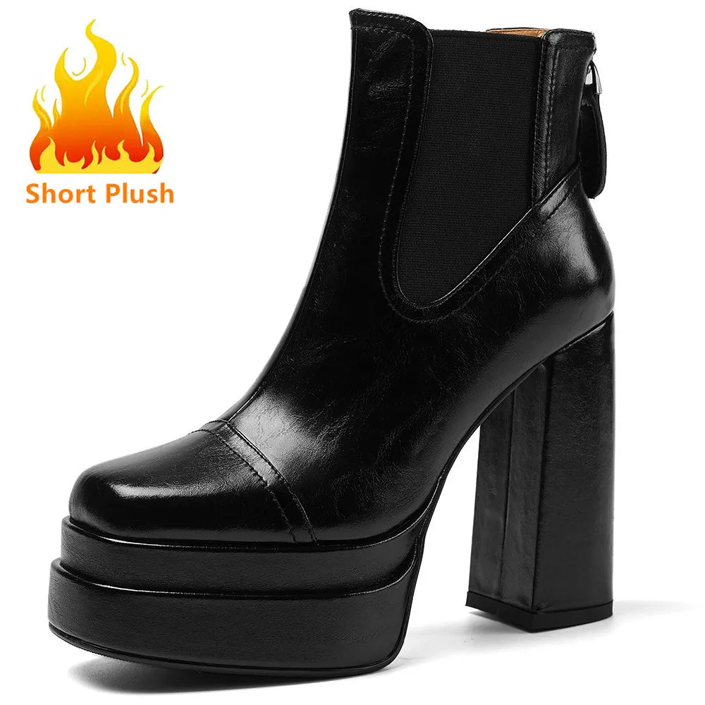 Aucegi Women Genuine Leather Back Zipper Ankle Boots Fashion Square Toe Platform Thick High Heels Party All Match Casual Shoes