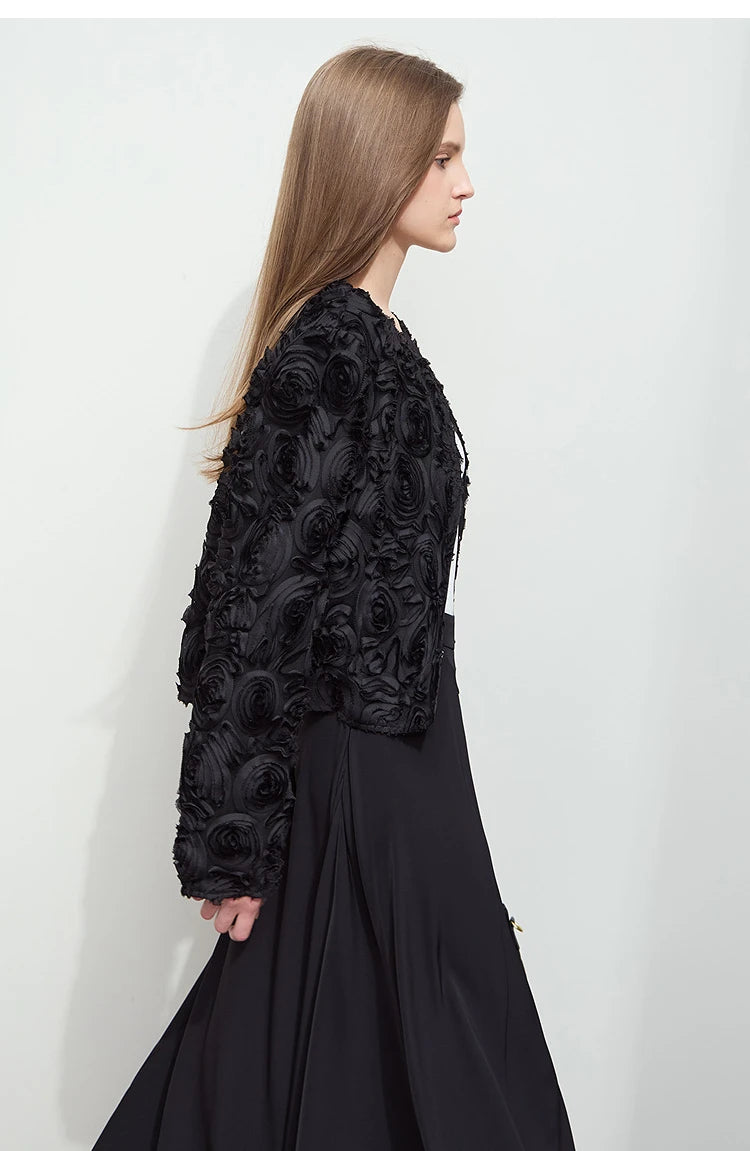 AMII Minimalism Short Jacket Women 2025 Autumn Elegant Floral O Neck Coat