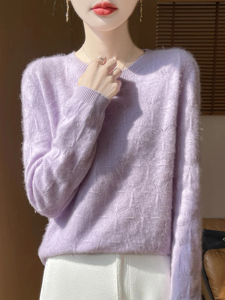 Women 100% Merino Wool Sweater Casual Hollow out Cashmere Blouse O-neck Pullover Tops Autumn Winter Warm Knit Woman Wool Sweater