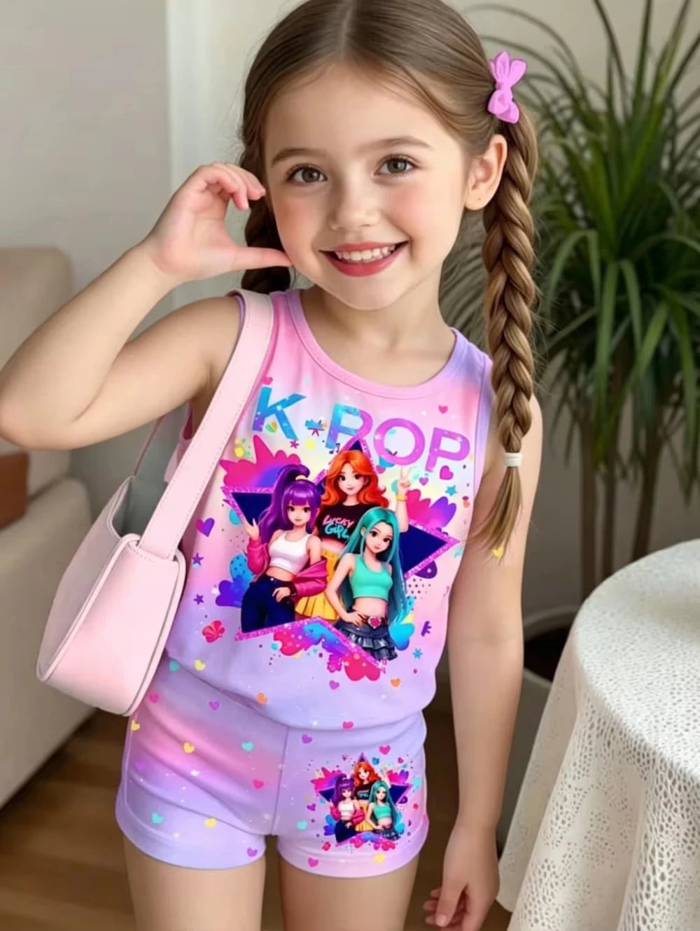 Kids Clothes Girls 2-Piece K-Pop Star Print Tank Top T-Shirt & Shorts Set Casual Streetwear Summer Daily Outfit Girls Clothes