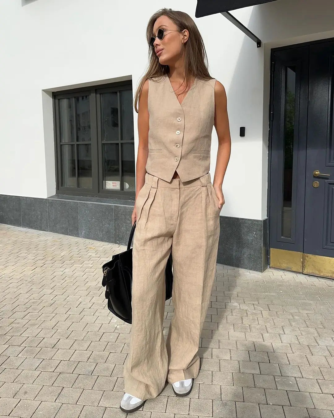 Sleeveless Vest Jacket Top Casual Pants Two-piece Set For Women's Wide Leg Pant Sets Sexy Summer Boho Cotton Linen Ladies Suits