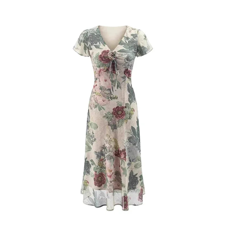 Flutter Sleeves Slim Long Dress Women Casual Pleated Deep V-neck Floral Print High Waist Dresses 2026 Lady Summer Holiday Wear